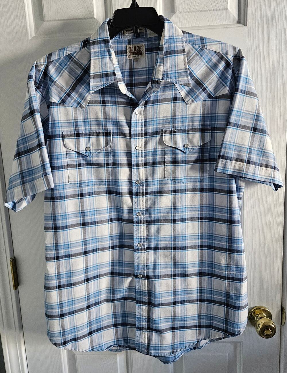 Men's Ely Cattleman Wrinkle Resistant SS Blue/Black Plaid Pearl Snap Size XXL